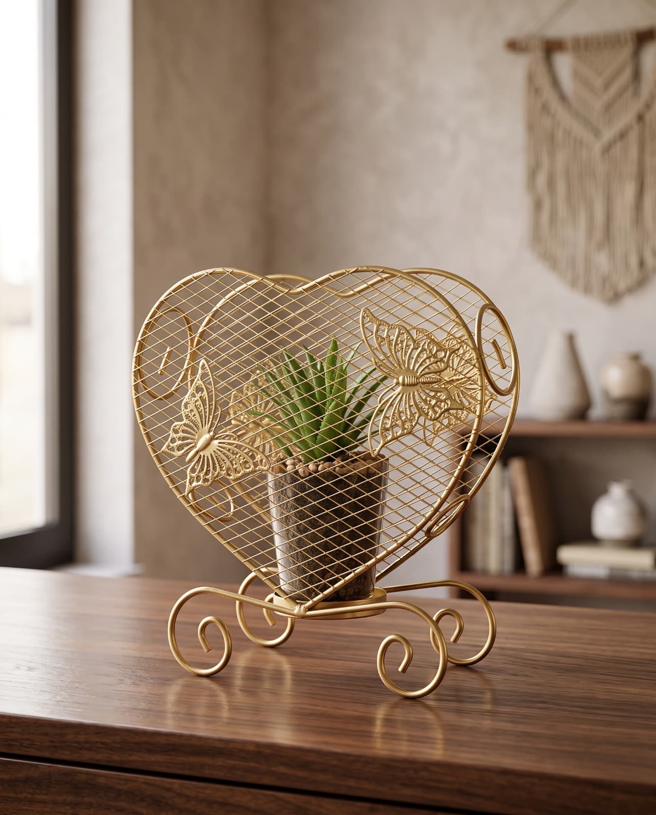 Heart-Shaped Gold Wire Butterfly Planter Stand