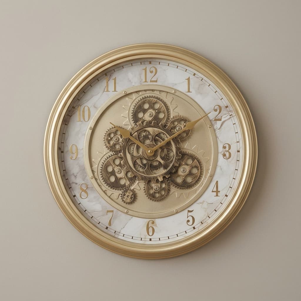 Luxury Satin Gold and Marble Moving Gear Wall Clock
