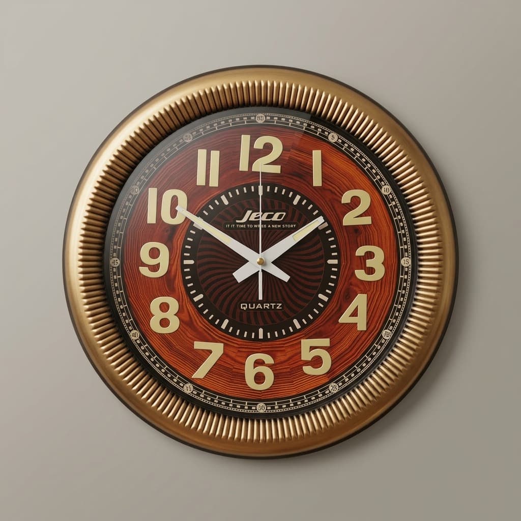 Vintage Fluted Gold Round Wall Clock with Wood-Grain Dial