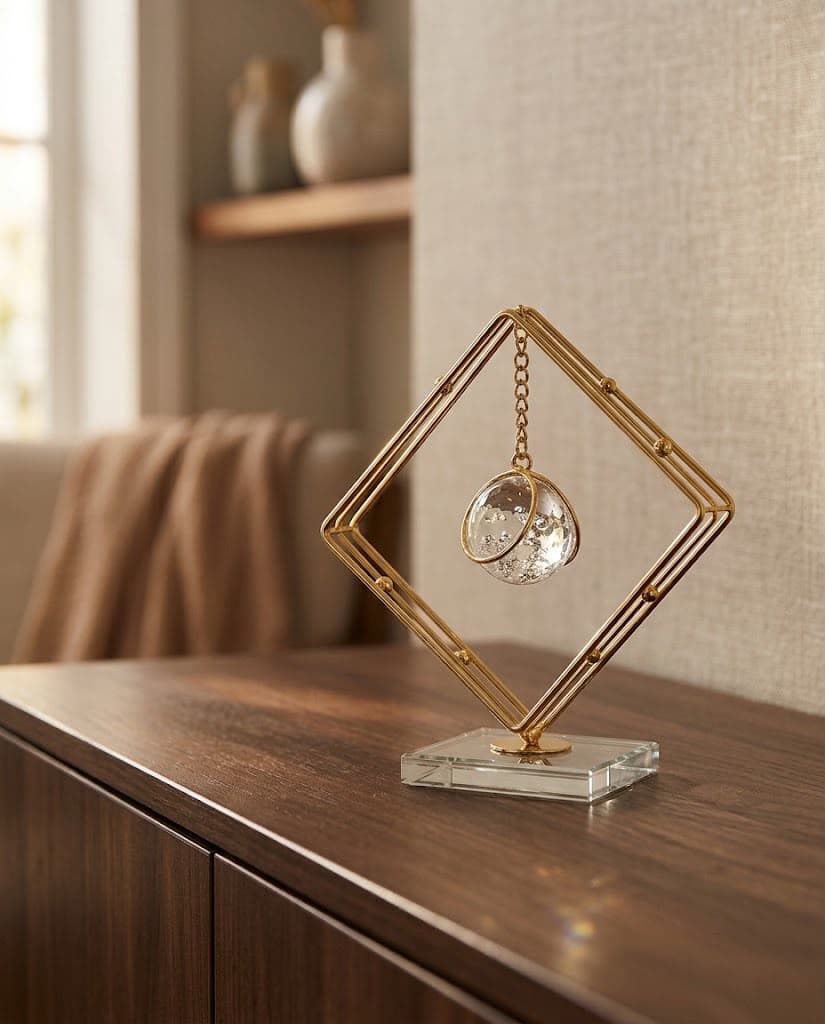 Gold Triple-Band Rhombus Sculpture with Hanging Crystal Globe