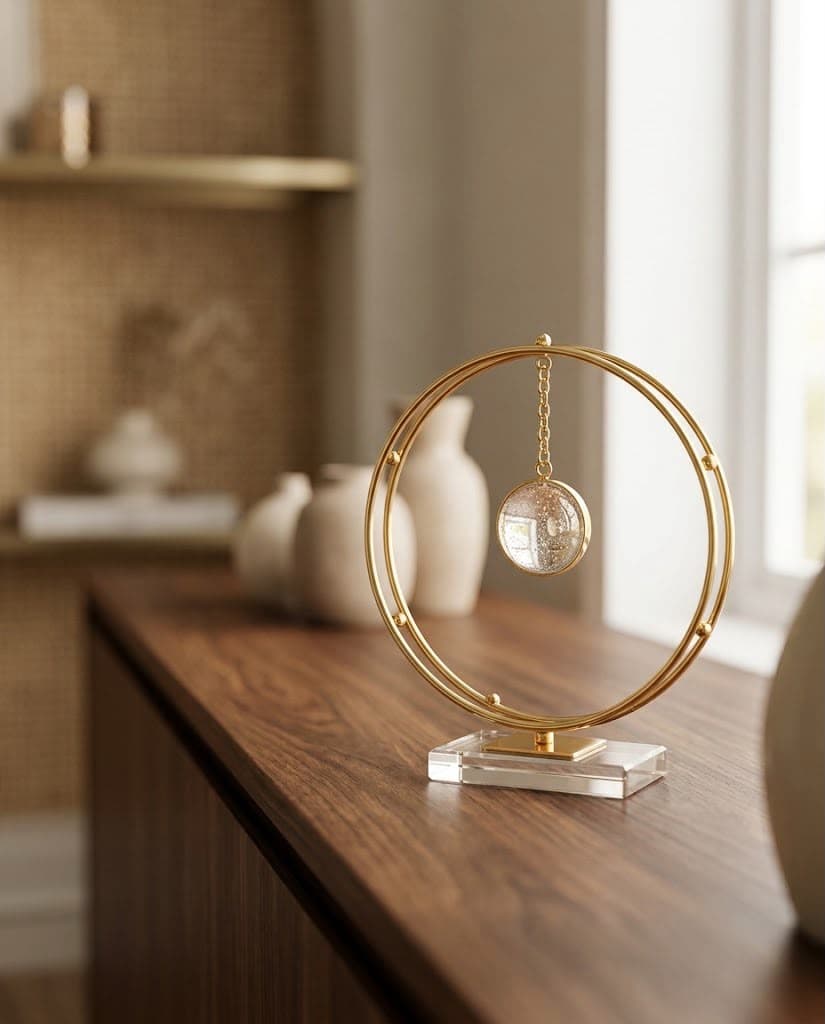 Gold Circular Armillary Sculpture with Hanging Crystal Globe