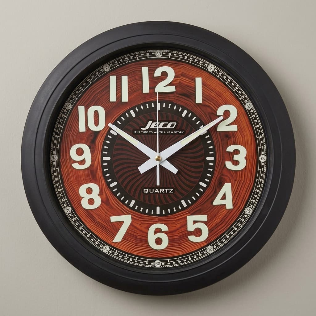 Modern Wood Grain Quartz Wall Clock with Black Frame