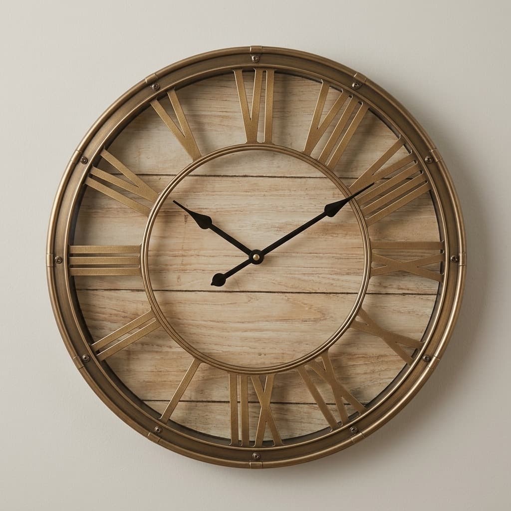 Rustic Antique Brass and Wood Plank Roman Numeral Wall Clock