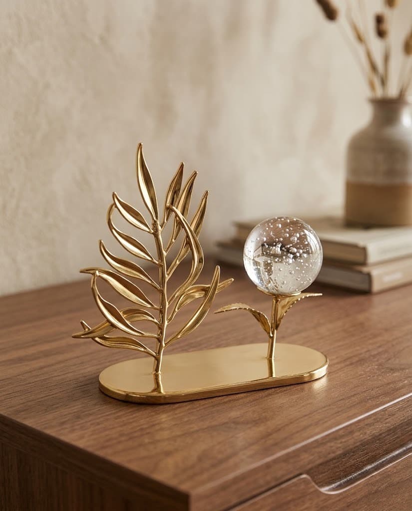 Gold Palm Frond and Bubble Crystal Tabletop Sculpture