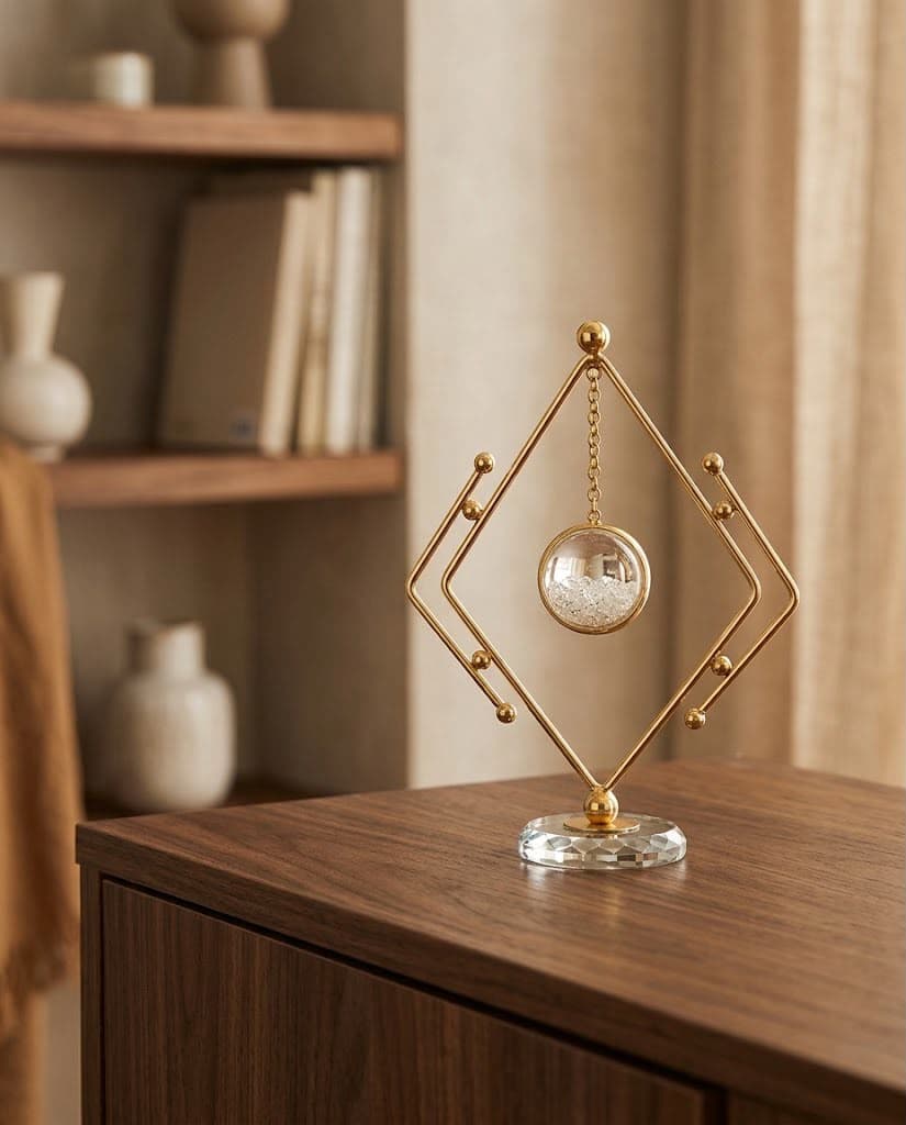 Gold Geometric Diamond Sculpture with Hanging Glass Globe
