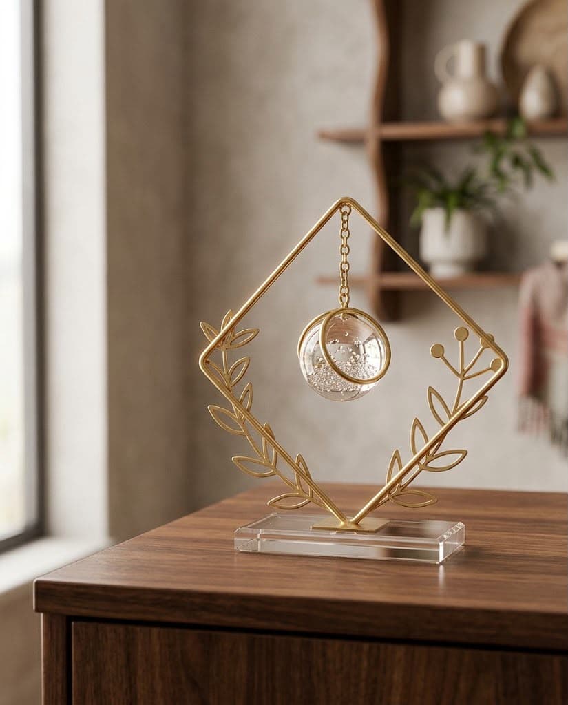 Gold Botanical Rhombus Sculpture with Hanging Crystal Globe
