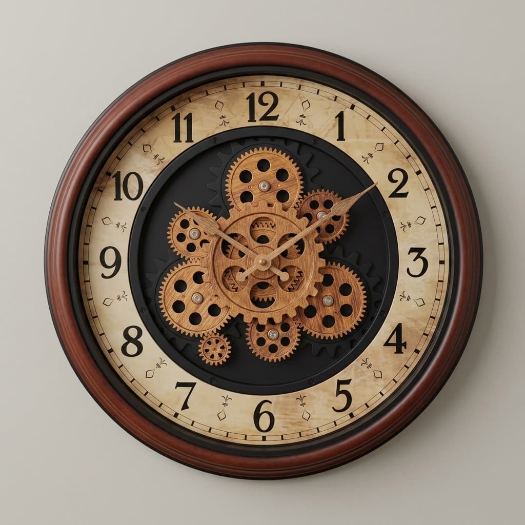 Rustic Walnut Moving Gear Wall Clock